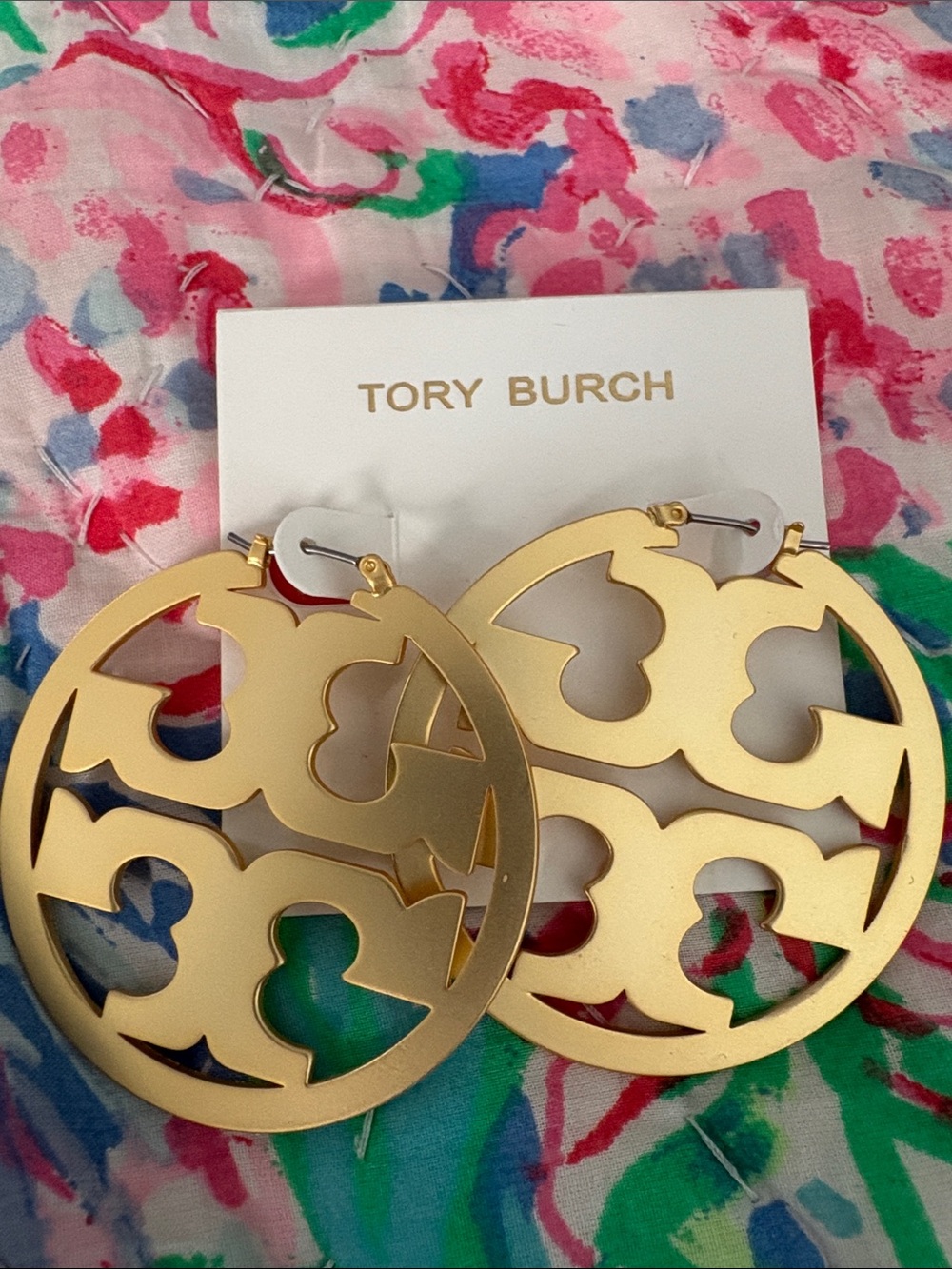 Tory Burch Matte Gold Cutout Logo Hoop Earrings